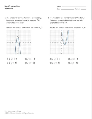 Identify transformations of quadratic functions from graphs worksheet preview