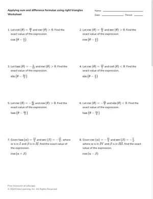 Applying sum and difference formulas using right triangles worksheet preview