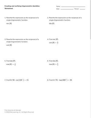 Creating and verifying trigonometric identities worksheet preview