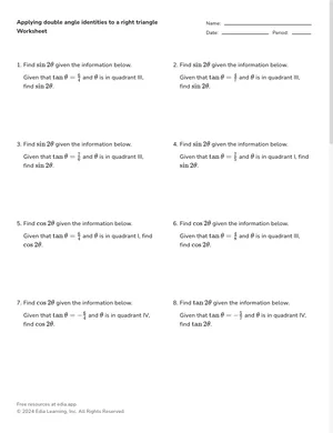 Applying double angle identities to a right triangle worksheet preview