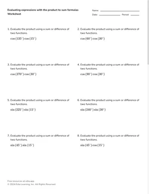 Evaluating expressions with the product to sum formulas worksheet preview