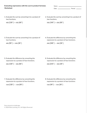 Evaluating expressions with the sum to product formulas worksheet preview