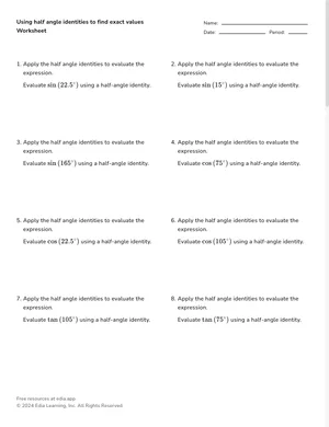 Using half angle identities to find exact values worksheet preview