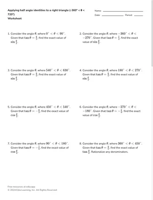 Applying half angle identities to a right triangle (-360° < θ < 720°) worksheet preview