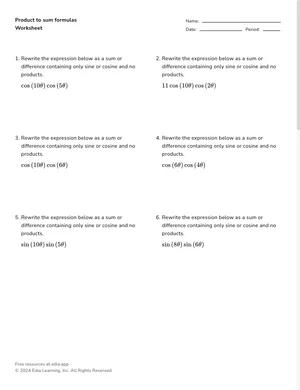 Product to sum formulas worksheet preview