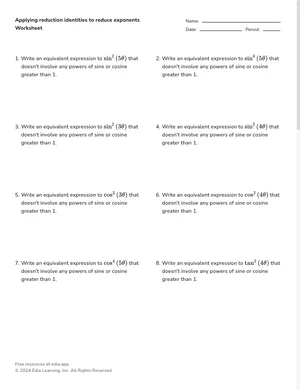 Applying reduction identities to reduce exponents worksheet preview