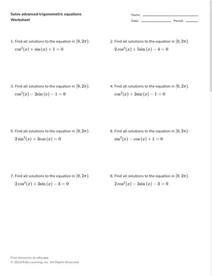 Solve advanced trigonometric equations  worksheet preview