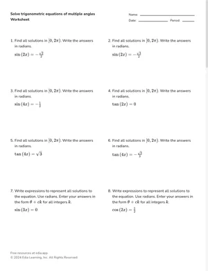 Solve trigonometric equations of multiple angles worksheet preview