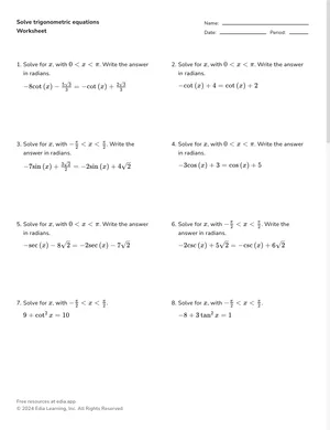 Solve trigonometric equations worksheet preview