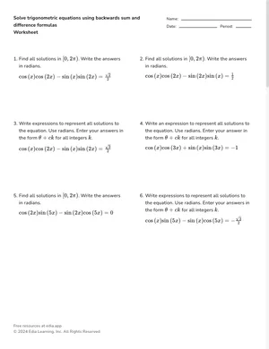 Solve trigonometric equations using backwards sum and difference formulas worksheet preview