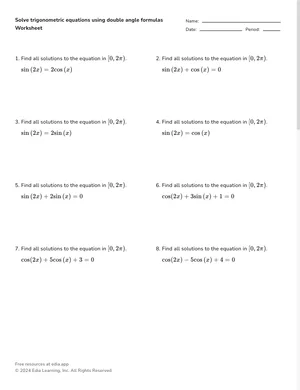 Solve trigonometric equations using double angle formulas worksheet preview