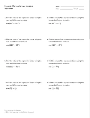 Sum and difference formula for cosine worksheet preview