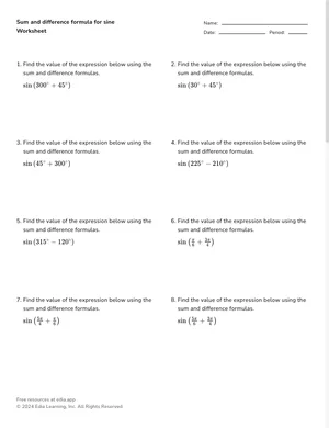 Sum and difference formula for sine worksheet preview