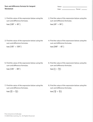 Sum and difference formula for tangent worksheet preview