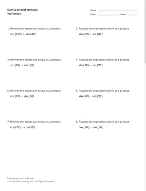 Sum to product formulas worksheet preview