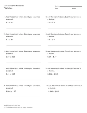 Add and subtract decimals worksheet preview