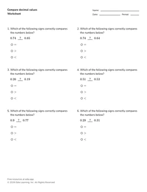 Compare decimal values worksheet preview