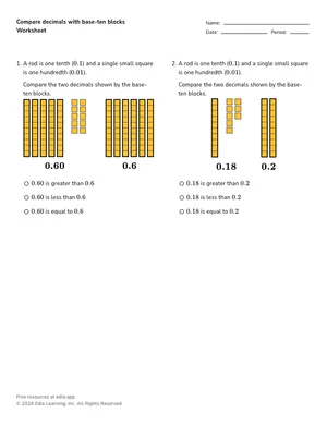 Compare decimals with base-ten blocks worksheet preview