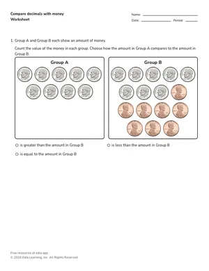 Compare decimals with money worksheet preview