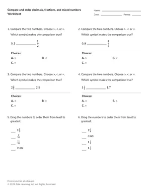 Compare and order decimals, fractions, and mixed numbers worksheet preview
