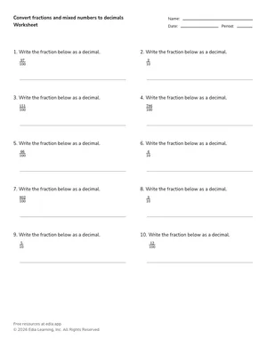 Convert fractions and mixed numbers to decimals worksheet preview