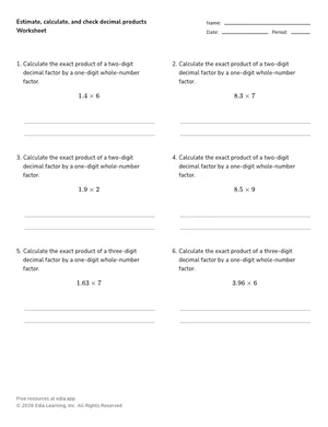 Estimate, calculate, and check decimal products worksheet preview
