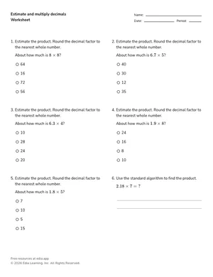 Estimate and multiply decimals worksheet preview