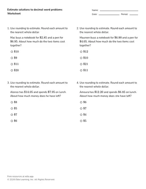 Estimate solutions to decimal word problems worksheet preview