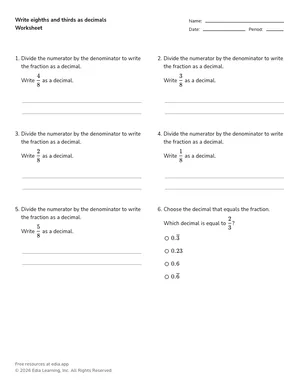 Write eighths and thirds as decimals worksheet preview