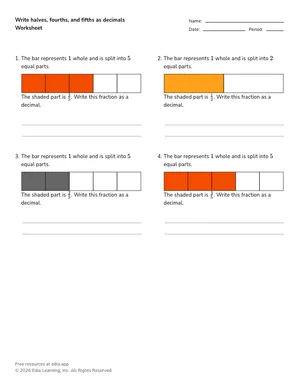 Write halves, fourths, and fifths as decimals worksheet preview
