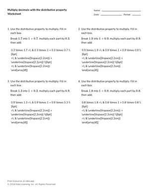 Multiply decimals with the distributive property worksheet preview
