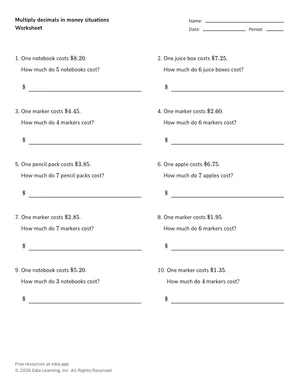 Multiply decimals in money situations worksheet preview