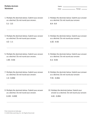 Multiply decimals worksheet preview