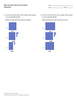 Order decimals with base-ten blocks worksheet preview
