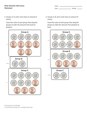 Order decimals with money worksheet preview