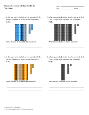 Represent decimals with base-ten blocks worksheet preview
