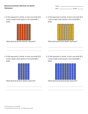 Represent decimals with base-ten blocks worksheet preview