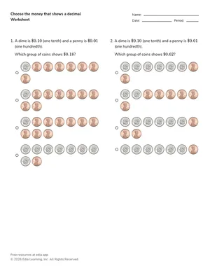 Choose the money that shows a decimal worksheet preview