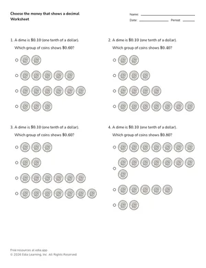Choose the money that shows a decimal worksheet preview