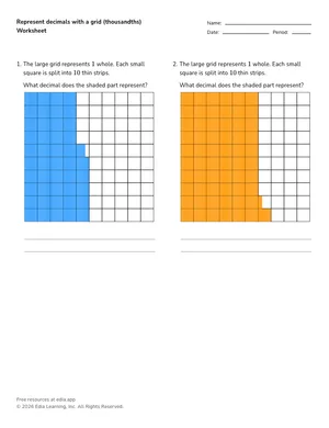 Represent decimals with a grid (thousandths) worksheet preview