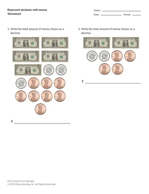 Represent decimals with money worksheet preview