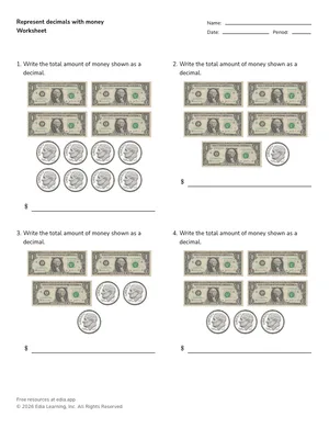 Represent decimals with money worksheet preview