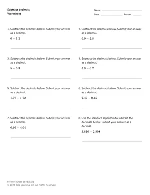 Subtract decimals worksheet preview