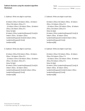 Subtract decimals using the standard algorithm worksheet preview