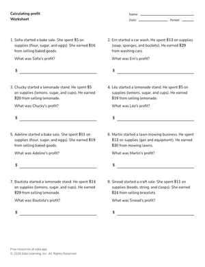 Calculating profit worksheet preview
