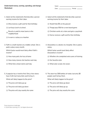 Understand money, earning, spending, and change worksheet preview