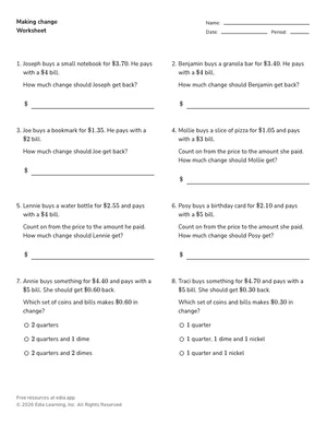 Making change worksheet preview