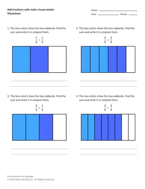 Add fractions with static visual models worksheet preview
