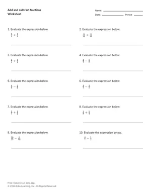 Add and subtract fractions and mixed numbers worksheet preview