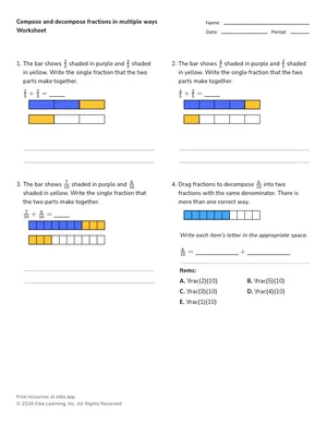 Compose and decompose fractions in multiple ways worksheet preview